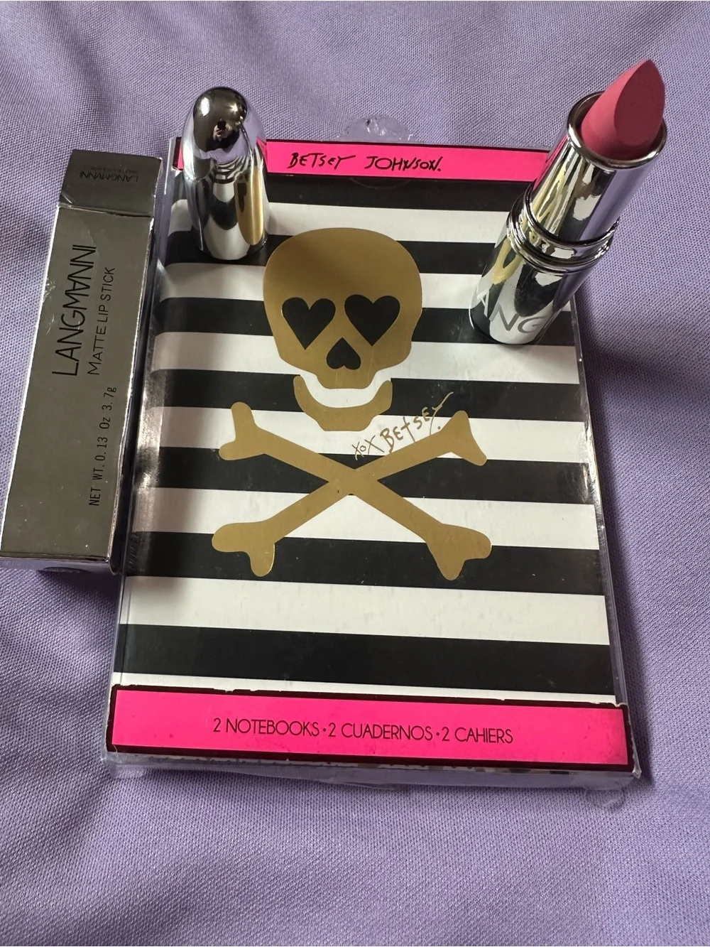 Betsey Johnson Punk Gold Skull Stripe Notebook with Matte Pink Lipstick Bundle